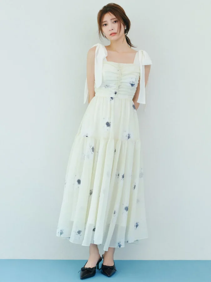 SWFO254330 c 032 LL - SNIDEL フラワープリントショルダーリボンワンピース（SWFO254330）レビュー｜着丈120.5/123.5・透け感・PC別おすすめ色